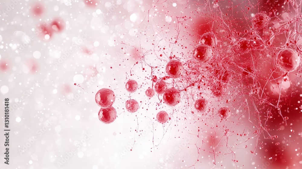 Poster abstract image featuring red particles and splashes against a light background, creating a dynamic a