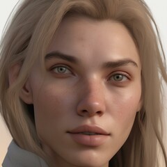 Fototapeta premium A highly detailed, hyper-realistic close-up portrait of an AI-generated human face. This digital artwork features lifelike skin textures, expressive eyes, and natural lighting.