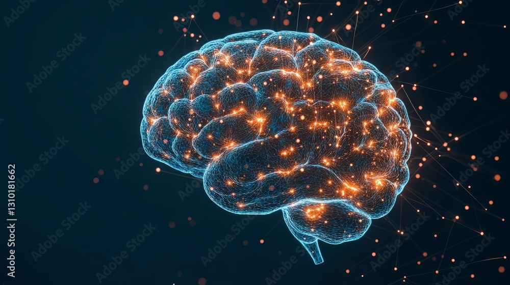 Poster digital rendering of a glowing brain with interconnected nodes and sparks, symbolizing intelligence 