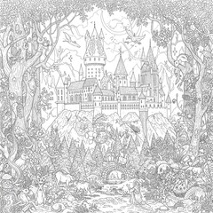 Fototapeta premium Where darkness dances with wonder. Explore a world of strange beasts and hidden magic in this captivating coloring book page.