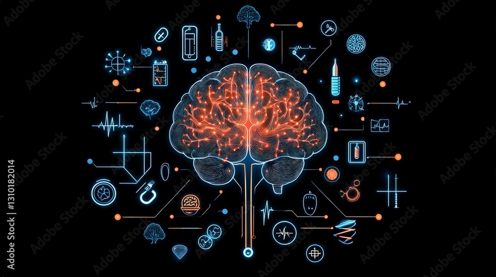 Poster visual representation of a brain surrounded by various icons symbolizing technology, science, and da
