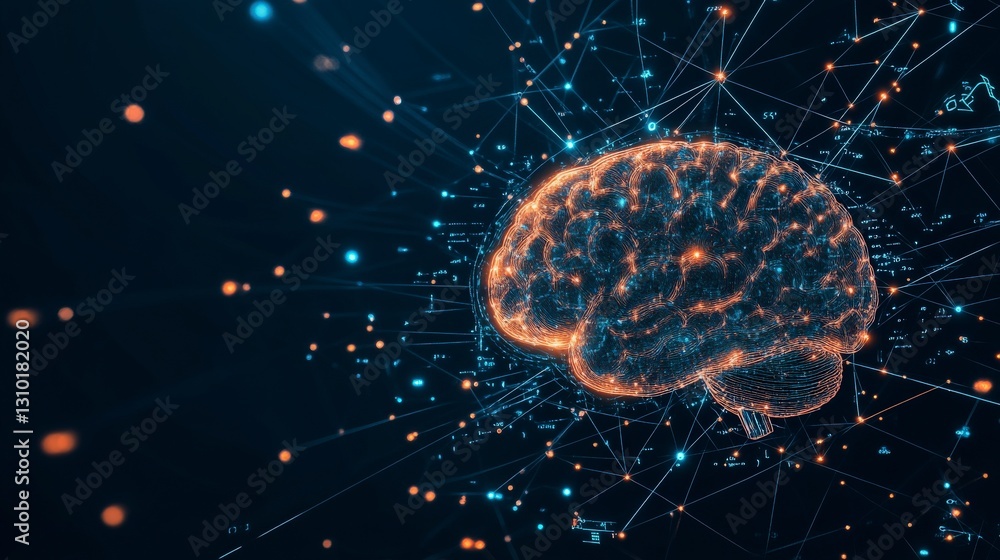 Poster visual representation of a brain composed of interconnected glowing particles, symbolizing neural ne