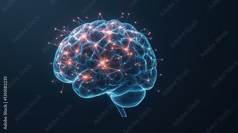 Poster digital representation of a brain with glowing connections, symbolizing neural networks and advanced