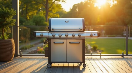 A sleek stainless steel BBQ grill on a sunny deck, bright and modern, ideal for lively summer cookout visuals.