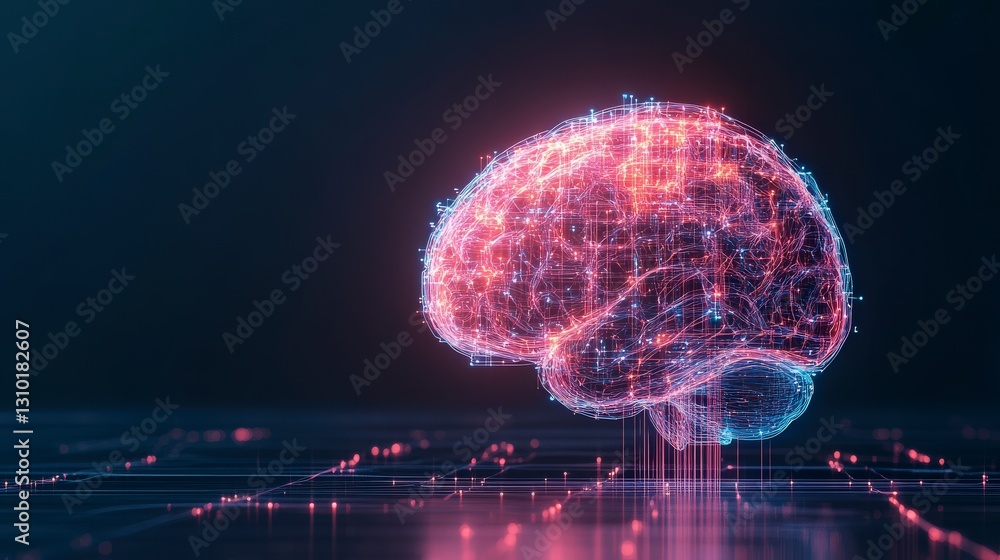 Poster a digital representation of a brain composed of glowing connections and nodes, symbolizing technolog