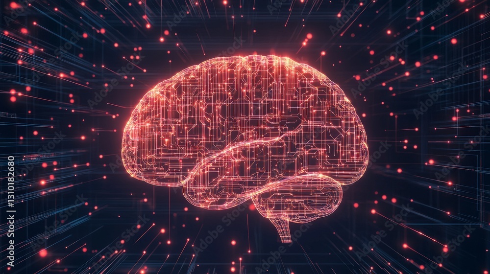 Poster a glowing, digital brain made of interconnected lines and particles, representing artificial intelli