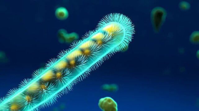 Bacteria rotating in a dark environment, surrounded by other microorganisms