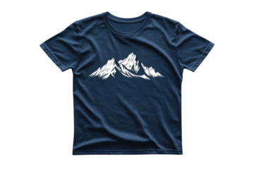 Mountain graphic t-shirt design featuring peaks on a navy blue background perfect for outdoor enthusiasts and casual wear