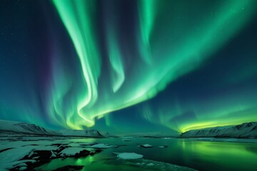 a close up of a green and purple aurora bore over a body of water