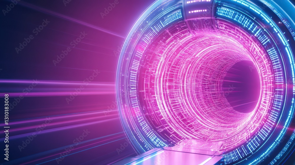 Poster a vibrant, futuristic portal with glowing lines and digital patterns, evoking a sense of technology 