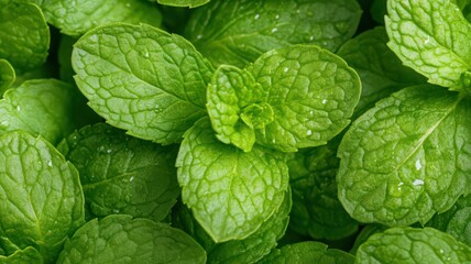 Fototapeta premium Closeup of Fresh Green Mint Leaves with Water Droplets