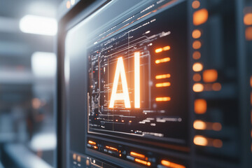Futuristic AI-driven server system with an advanced digital interface and illuminated data processing unit.
