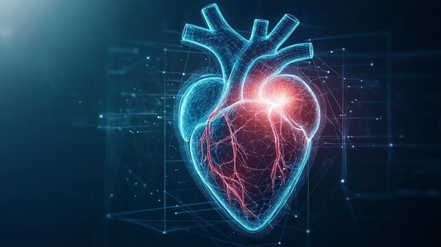 A glowing digital heart model with intricate lines and sparks, symbolizing technology and health.