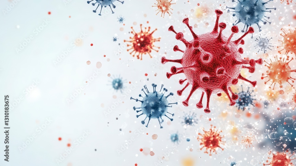 Poster colorful abstract representation of virus molecules on a light background, illustrating the complexi