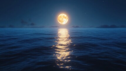 Full moon rising over calm ocean at night.