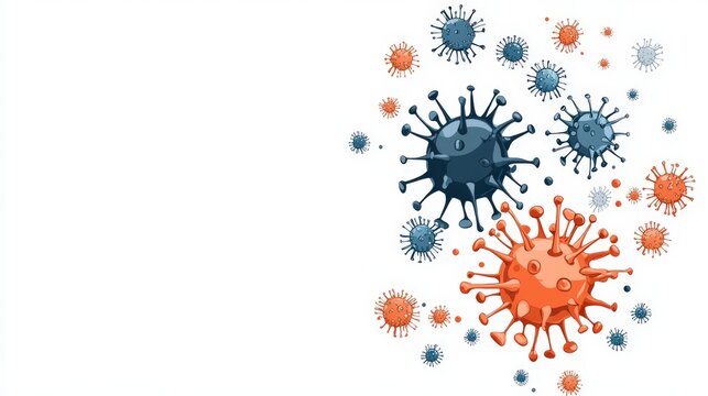 Colorful virus illustrations on a white background, representing microorganisms in a scientific or health context.