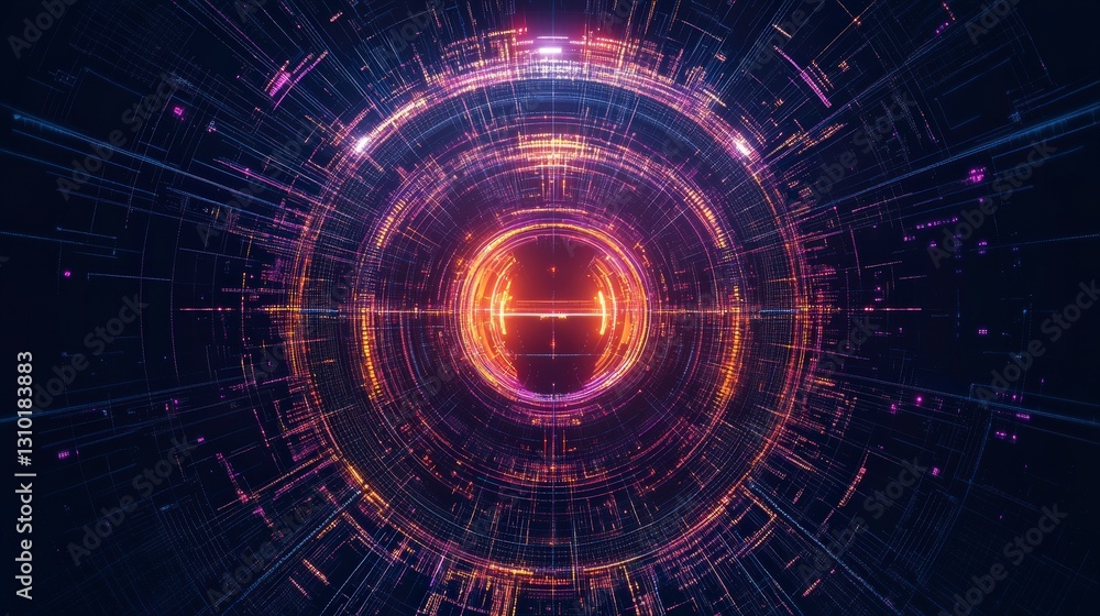 Poster abstract digital design featuring glowing circular patterns and vibrant colors, creating a sense of 