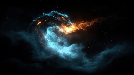 Fiery, blue nebula swirls in space.