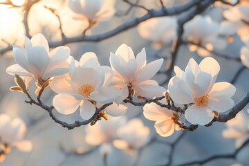 Magnolia tree with large white blossoms in morning light
