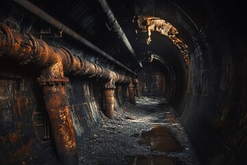 Naklejka premium Exploring abandoned industrial tunnels urban environment photography dark atmosphere wide angle mystery