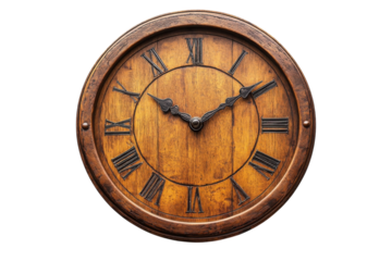 Vintage wooden wall clock displaying classic Roman numerals, showcasing craftsmanship and timeless elegance in home decor
