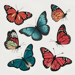 colorful butterflies flying in artistic hand drawn style nature beauty isolated on white