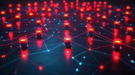 Red network nodes glowing, dark background, digital data visualization