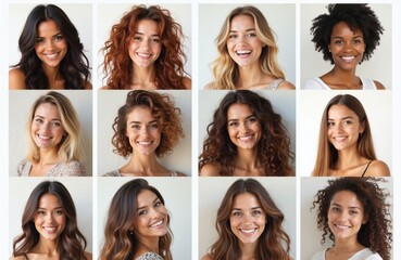 Diverse collection of smiling women portraits in grid format. Variety of hairstyles, hair colors, ethnicities female beauty individuality. Perfect for beauty salons, hair product ads, multicultural