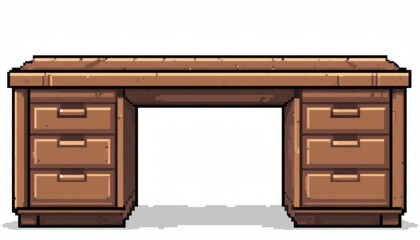 Minimalist 8-bit Pixel Desk with Rectangular Design and Warm Brown Color, Isolated on White Background