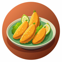 Golden crispy fish fillets garnished with fresh greens and lime