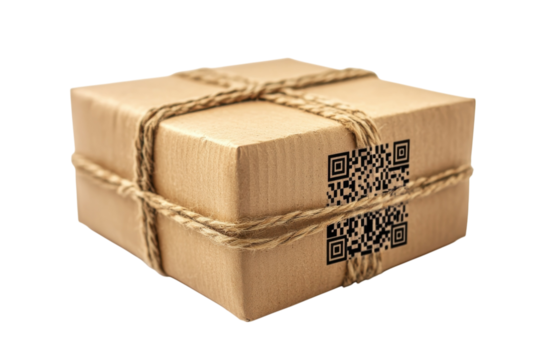 Package wrapped in brown paper and twine with a QR code for tracking delivery status