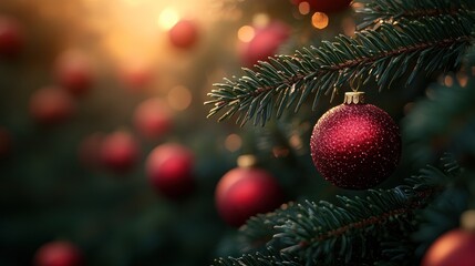 Red ornaments adorn outdoor Christmas tree at sunset