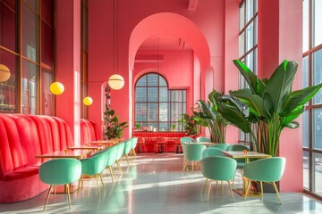 Pink cafe interior with mint green chairs and abundant natural light