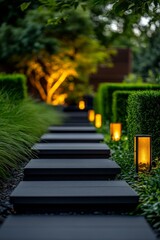 A beautiful pathway lined with green hedges and soft lighting. Pathway outside a home with contemporary landscaping.