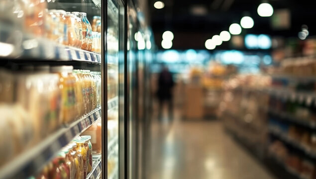 Busy Supermarket Aisle with Refrigerated Shelves Displaying a Variety of Packaged Goods