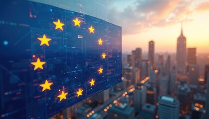 EU flag overlay on digital cityscape, symbolizing economic growth, tech advancement. Vibrant connections highlight innovation, future progress in the European Union. City skyline with golden sunset.