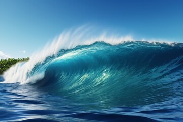 surfer riding a large wave in the ocean with a small island in the background