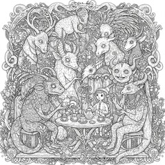 Where darkness dances with wonder. Explore a world of strange beasts and hidden magic in this captivating coloring book page.