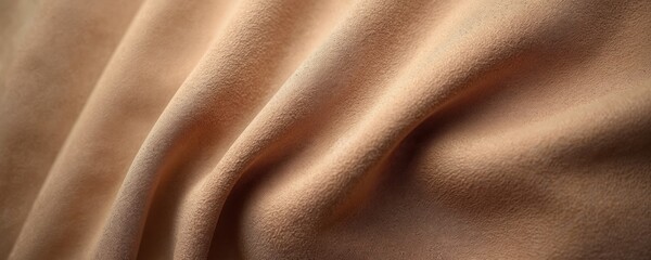 Macro shot of dark beige velvet fabric background. Brown suede texture with abstract surface pattern. Soft material great for upholstery, clothes design and elegant backdrop.