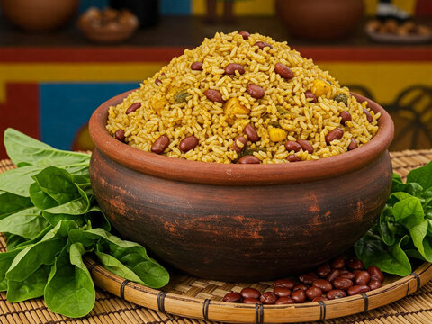 Diri ak Pwa is a hearty and flavorful Haitian dish consisting of rice and pigeon peas cooked together in a savory broth.