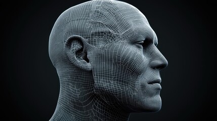 Digital Human Face Grid 3D model showcasing tech, AI, and medical applications