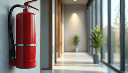 Obraz premium Modern office corridor features mounted red fire extinguisher on concrete wall. Interior features plants, sunlight, blurred background. Building safety equipment is ready for emergency in office.