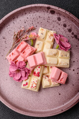 Multicolored handmade chocolate bars pink, white, brown colors