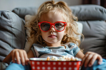 Obraz premium Family Watching a Movie Together at Home in a Cozy Living Room, Home Cinema Concept Generative AI