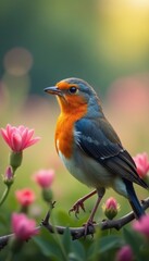 Fototapeta premium Bird adorned with blossoms in a flower meadow, floral, bloom, macro
