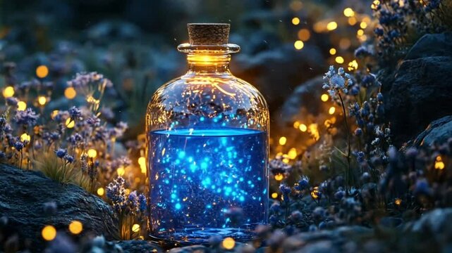 Magical potion bottle, glowing liquid, mystical flowers, night scene, digital art, perfect for fantasy, motivational, inspirational