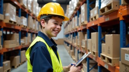 boy worker in hard hat and reflective vest holding clipboard in large warehouse with stacked boxes on shelves. logistics, supply chain management. business, industrial safety. future occupation, dream
