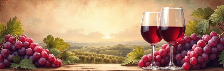 Elegant vintage composition with two glasses of red wine, ripe grapes. Rustic painted backdrop with vineyard. Ideal for sophisticated wine tasting event, anniversary retirement party invitation card