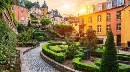 Obraz premium Colorful European Town Sunset Garden Path