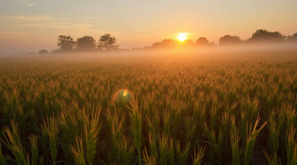 Fototapeta premium Golden Sunset Over a Vast Wheat Field with a Vibrant Orange Sky